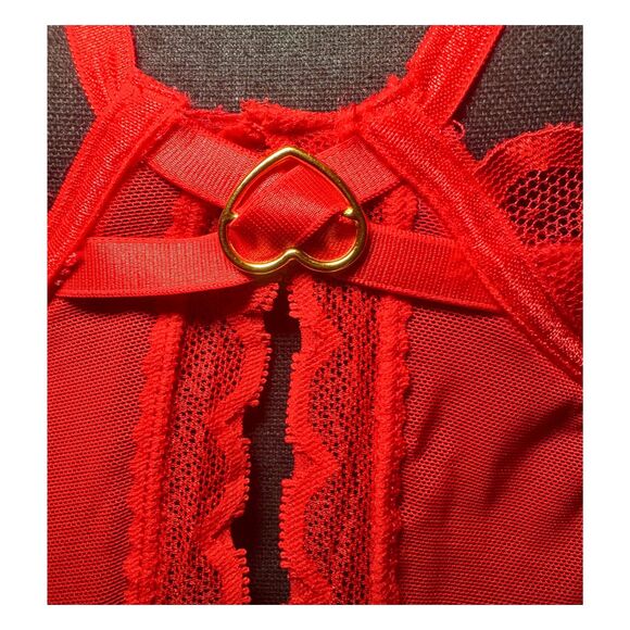 Red Mesh Floral Lace Fairy Goth Coquette Dollette Babydoll Cut Out Top Size M - Picture 5 of 6